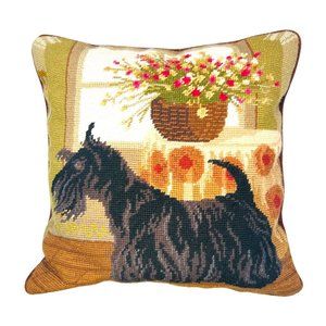 Vintage Needlepoint Scottish Terrier Dog Roses 17"x12"  rectangular Pillow